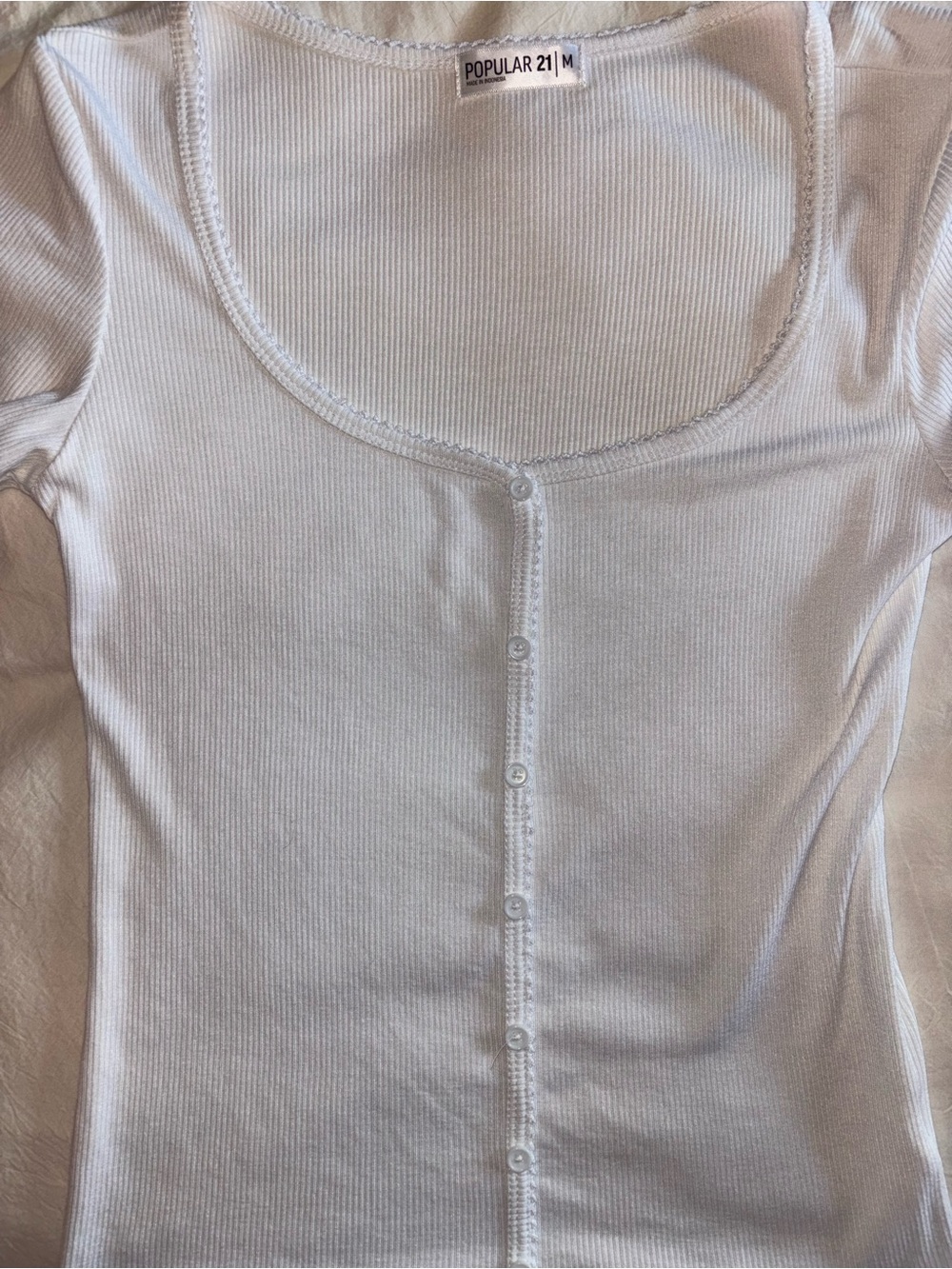 White Ribbed Button-Front Scoop Neck Top - Picture 7 of 8